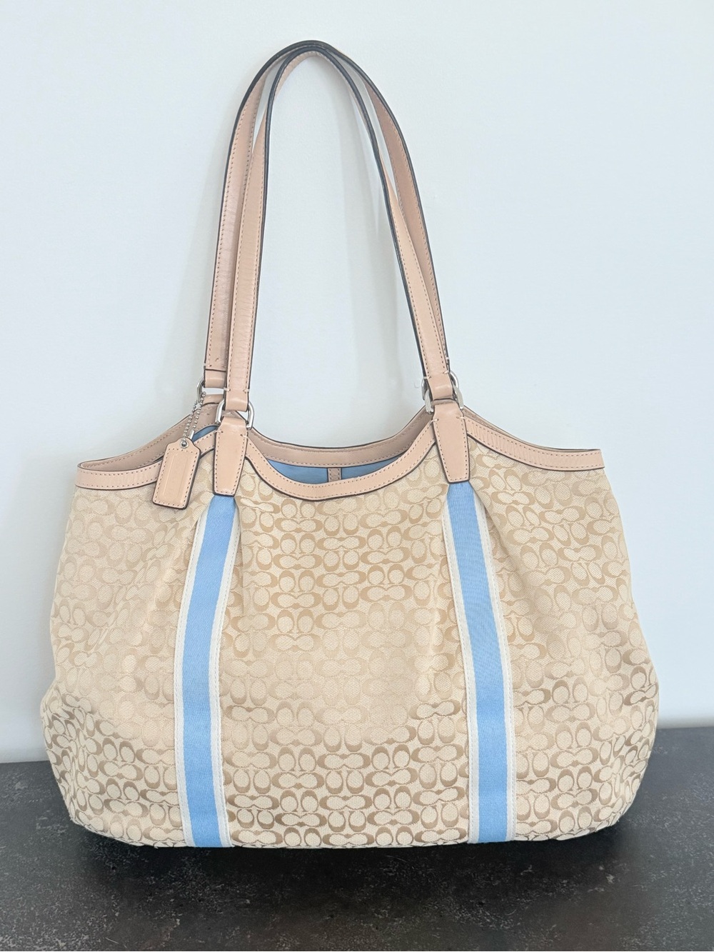 Coach Devin F26131 Khaki Signature Baby Blue Stripe Jacquard Shoulder Bag